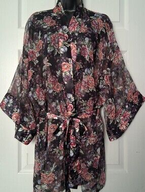 Vintage Victoria's Secret Gold Label Sheer Robe Floral Satin Trim With Tie